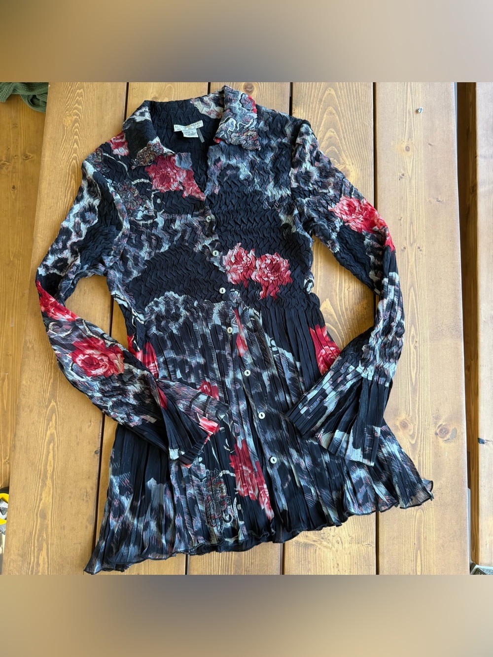 Vintage Alberto Makali Whimsygoth Crinkle Floral Button Front top L 90s Y2K